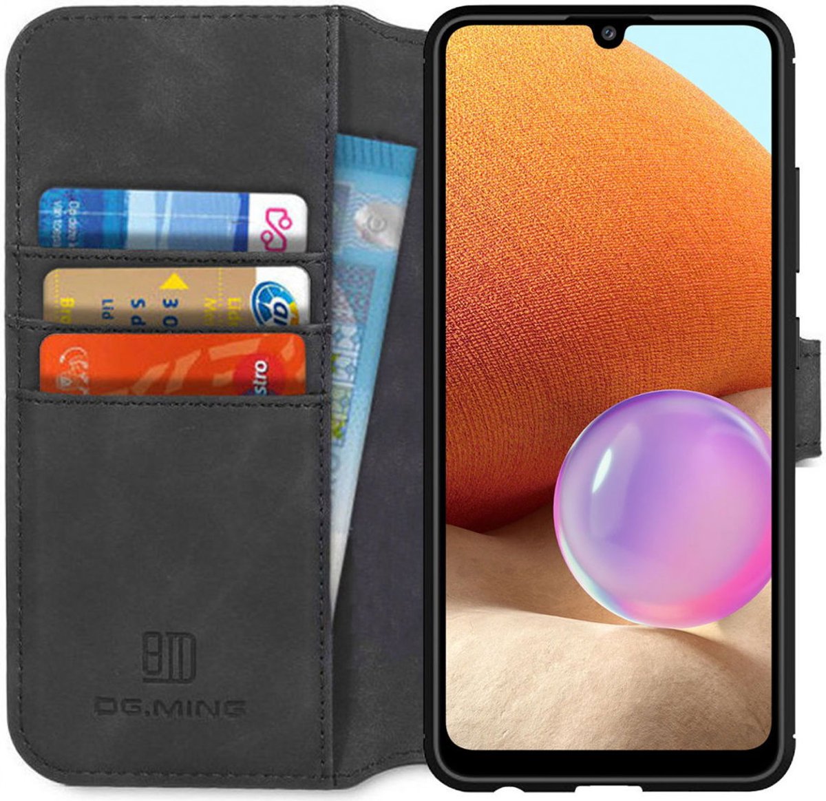 DG Ming Hoesje Geschikt voor Samsung Galaxy A32 4G Retro Wallet Book Case Zwart