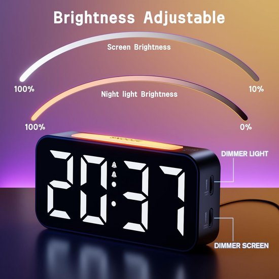 Digitale Wekker met Groot LED-Display en 7 Kleuren Nachtlampje voor Kinderen en Tieners — afbeelding 4