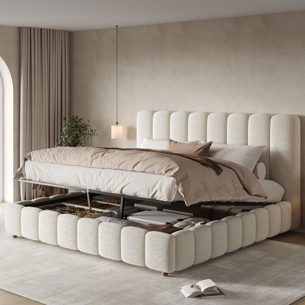 BLACKCOLORS Gestoffeerd bed, tweepersoonsbed, 160*200 cm, functioneel hydraulisch bed, bed met lattenbodem, hoofdeinde en grote opbergruimte, gestoffeerd hoofdeinde, wit gekruld