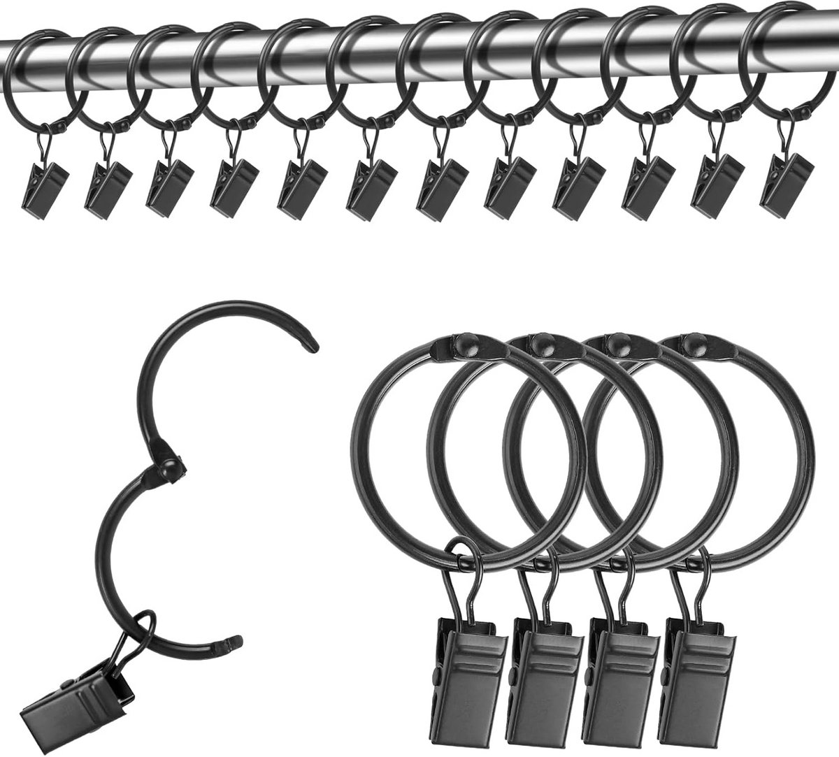 Metalen gordijnringen met clips - 25 stuks, 32 mm binnendiameter, zwart