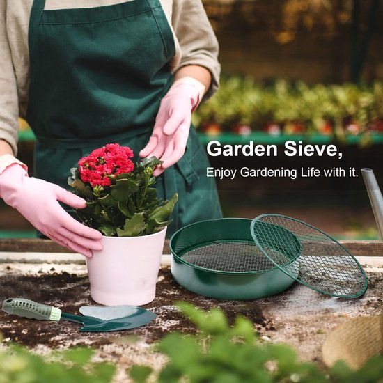 4-in-1 Tuinzeef Set - met 4 Verwisselbare Zeefinserts - 30 cm Rond Metaal Zeef - Mazen 3mm/6mm/9mm/12mm - Grondzeef - Zandzeef - Compostzeef - Grondzeef voor in de tuin - Inclusief Gardenschop en Handschoenen - Voor Aarde, Compost en Zand van Merkloos	 — afbeelding 3