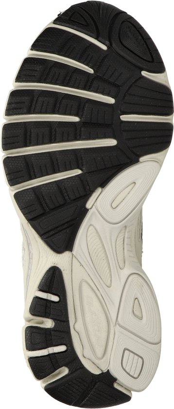 Zool van een witte Saucony Guide 7 hardloopschoen, met zwart en wit loopvlak.