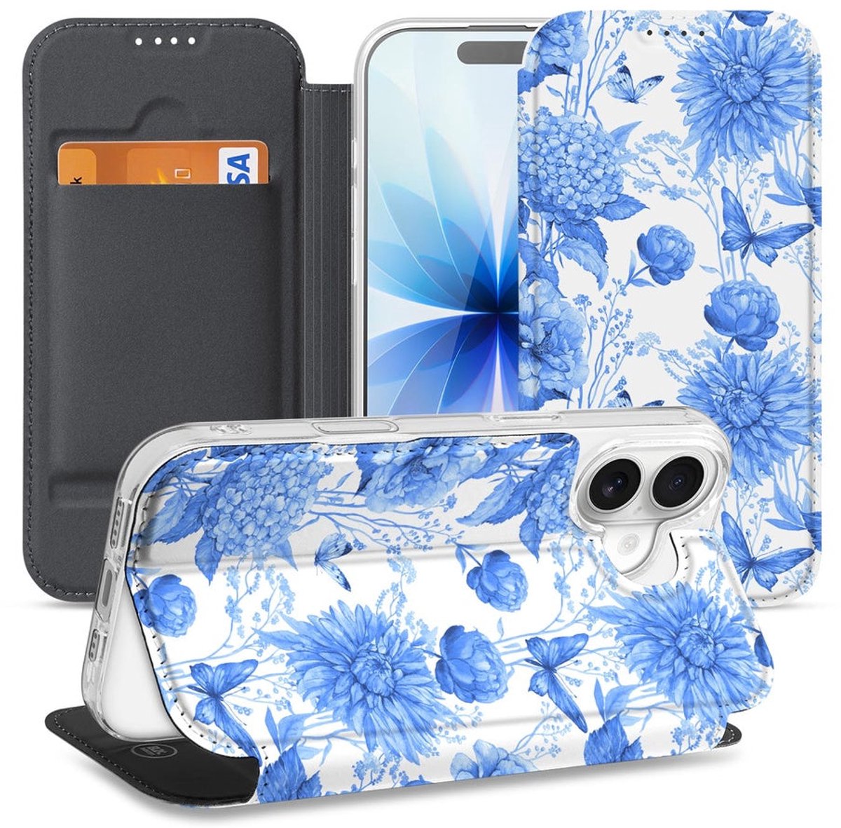 Apple iPhone 17 Book Case Flowers Blue