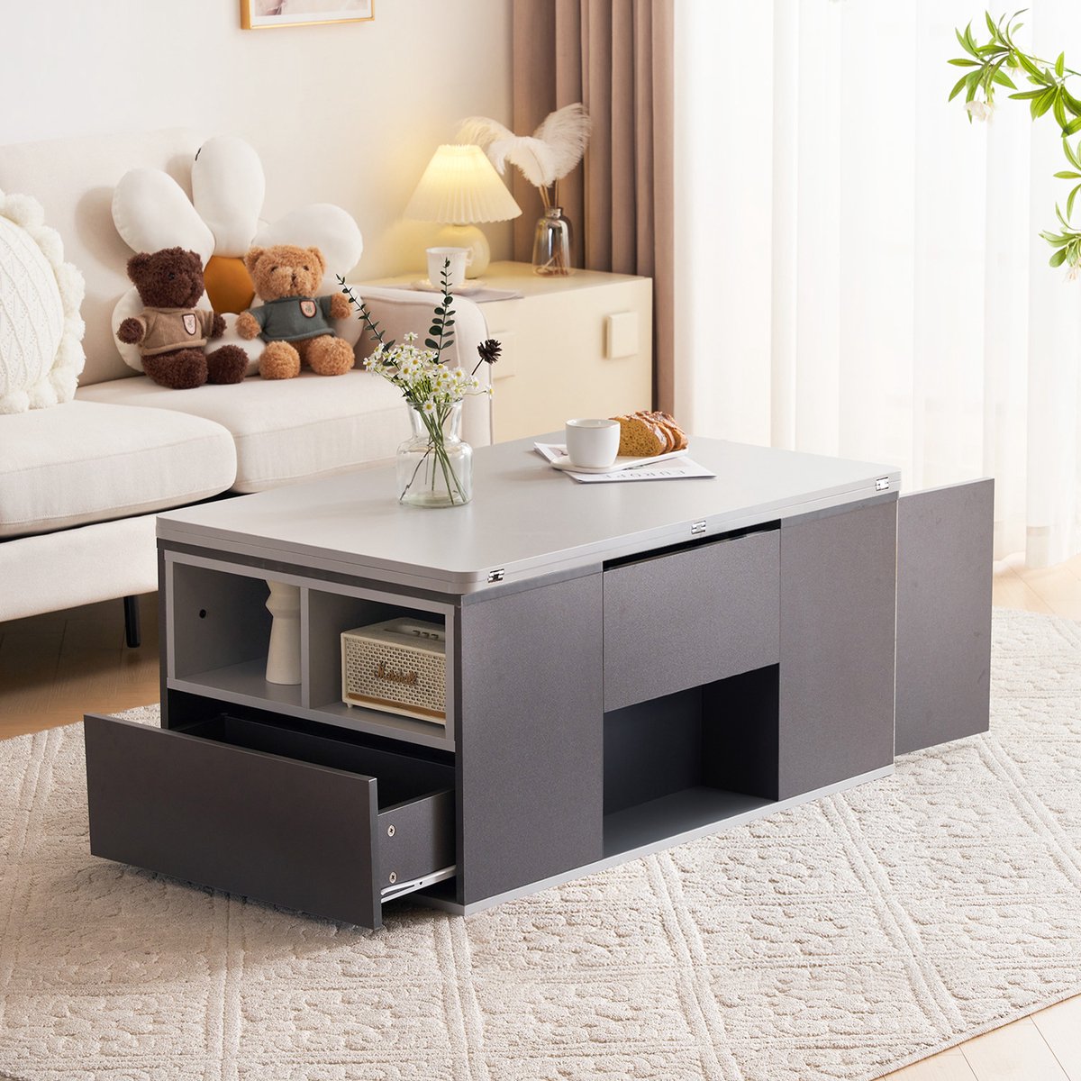 REDOM Salontafel 100x51x47 cm van spaanplaat, hoogteverstelbaar met lades en open vakken Grijs