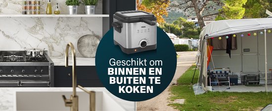 Zilverkleurige Princess mini friteuse in een keuken en bij een tent op de camping. Tekst: "Geschikt om binnen en buiten te koken".
