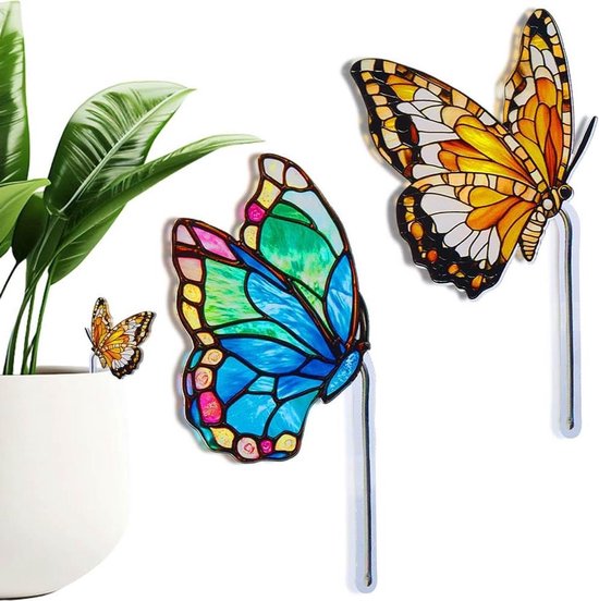 Allecto - Plant Stakes - Decoratieve vlinder - Blauw en geel - Tuin decoratie - Bloem planter pot - Geschikt voor binnen en buiten - Acryl monarch - 12,2 cm - Tuinaccessoires
