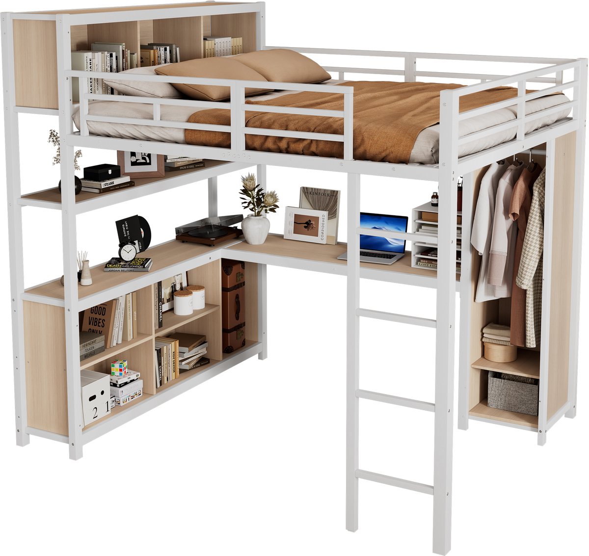 REDOM Hoogslaper – Met bureau & opbergruimte – Met kledingkast & ladder – Modern – Metaal & hout – Wit & naturel – 140 x 200 cm