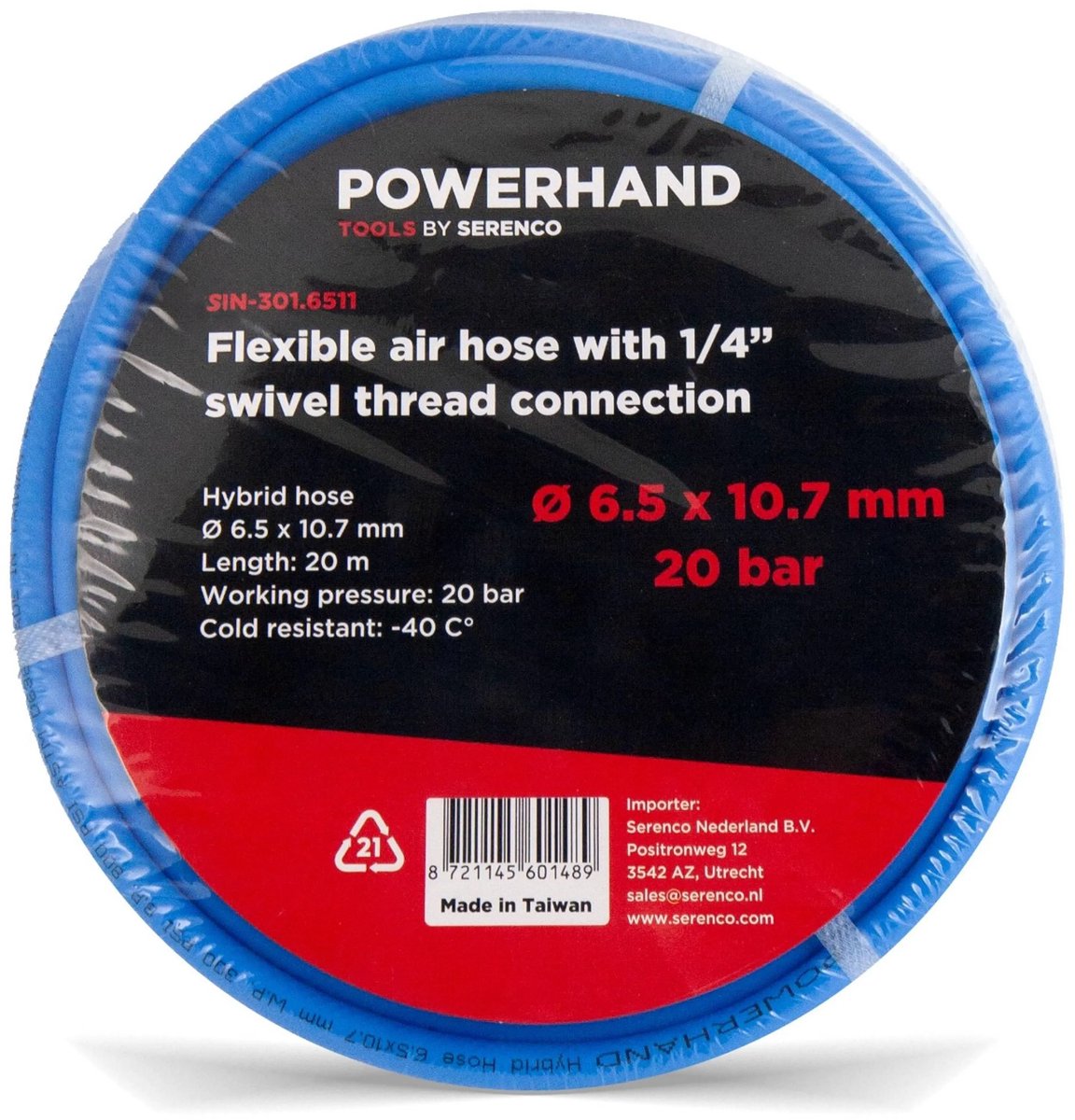 POWERHAND Flexibele Luchtslang 6,5 x 10,7mm + 1/4 Schroefdraadaansluiting - 20 meter