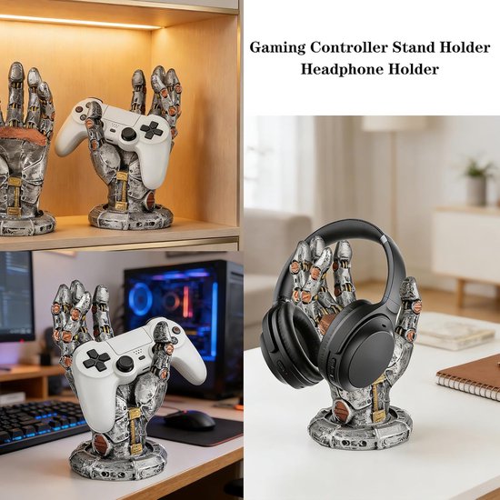 Hoofdtelefoonstandaard - Controllerhouder - Bureau Organisatie - Futuristisch Harsdesign - 16 x 9 cm - Metaallook van Merkloos — afbeelding 3