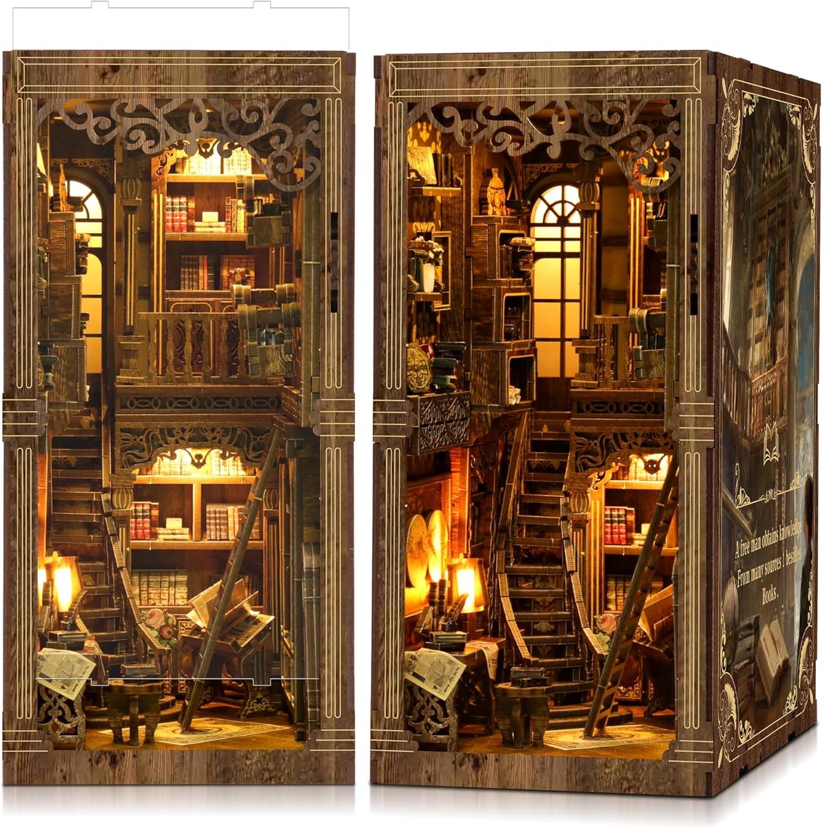 Houten Puzzel Huis - Miniatuur Bouwpakket - Boekenplank Decoratie - Met LED Licht - 19x4x30 cm - Antiek
