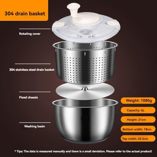 Grote Slacentrifuge - Groentereiniger - Salade Bereiden - Antislip Bodem - 6 Liter Inhoud - Zilverkleurig — afbeelding 5