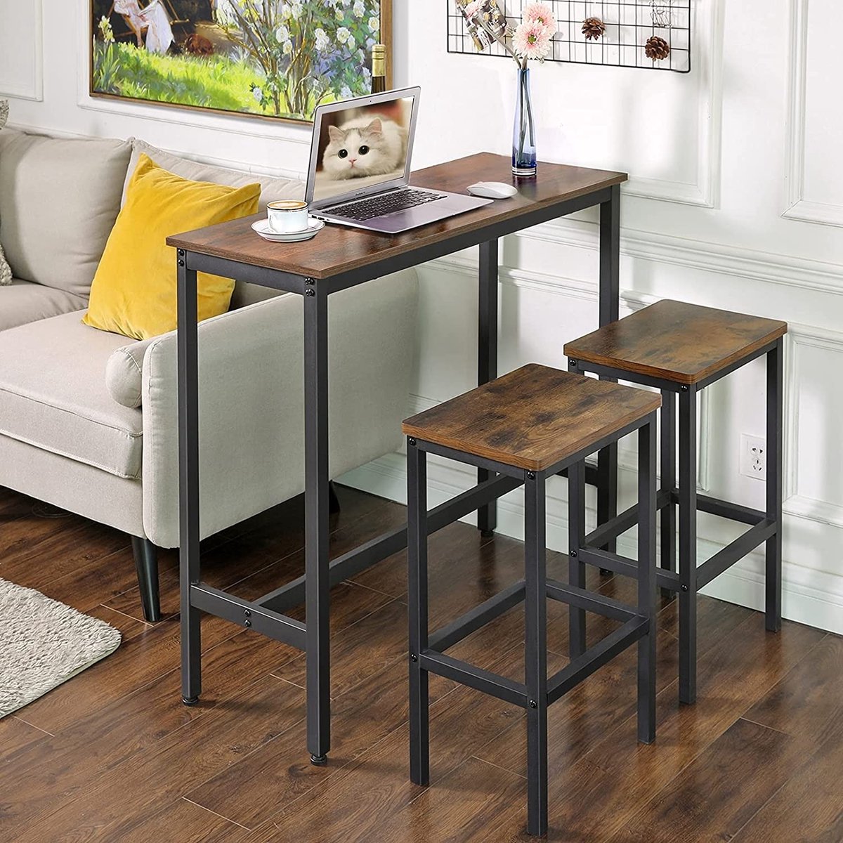 Parya Home - Rechthoekige bartafel - Smalle keukentafel - Robuust Zwarte Frame - 100 x 40 x 90 cm - Vintage - Bruin