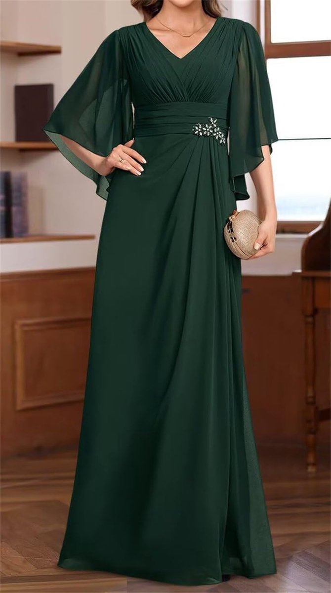 Avondjurk Chiffon - Formele Jurk - Feestelijke Gelegenheid - V-hals met Mouwen - Lange Lengte