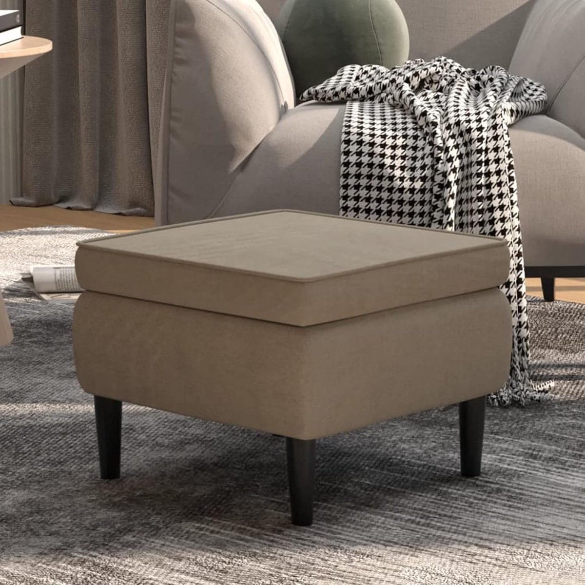 Beklede Kruk - Zitpoef Voetenbank - Ontspanning Thuis - Ronde Houten Poten - 55x54.5x42 cm - Lichtgrijs