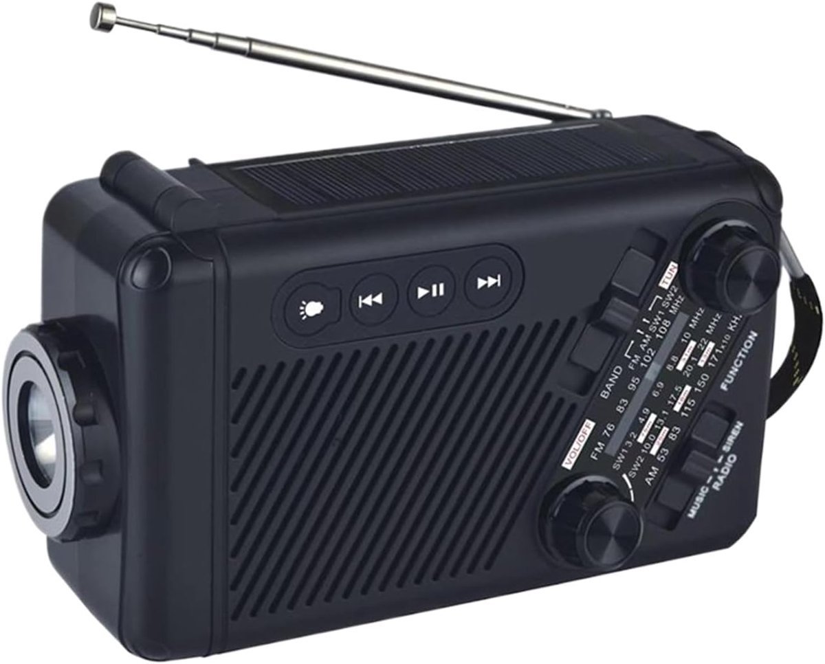 Handmatige Radio - Noodradio Draagbaar - Camping Overleving - Handslinger Zonne-energie - 16 x 7.1 x 9.6 cm - Zwart