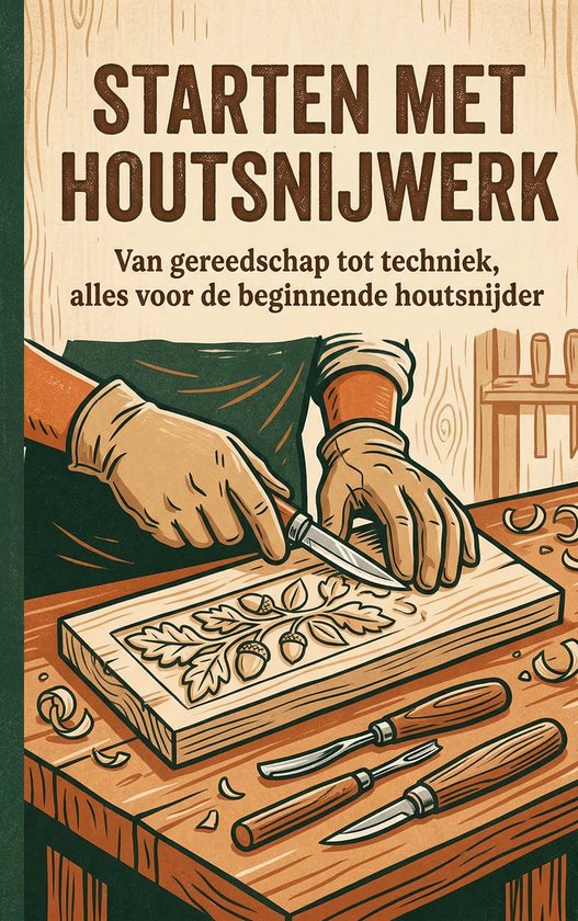 Starten met Houtsnijwerk, boek met handen in handschoenen die houtsnijden met een mes en beitels.