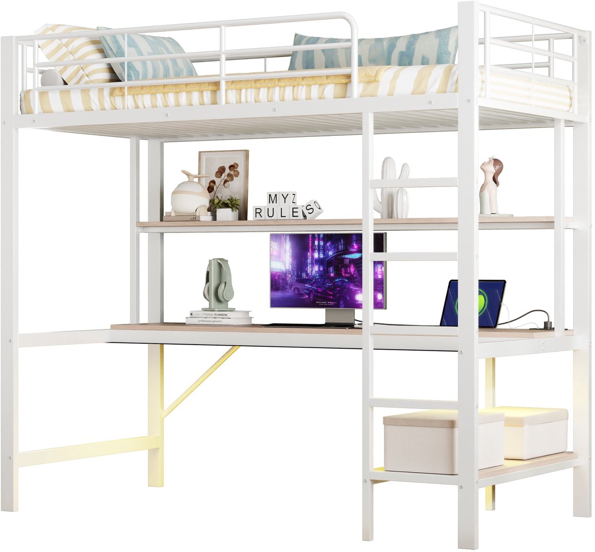 Merax Hoogslaper voor Kinderen 90x200 met Bureau - Metalen Frame - LED Verlichting met Afstandsbediening - USB en Stopcontact - Opbergplanken - Wit