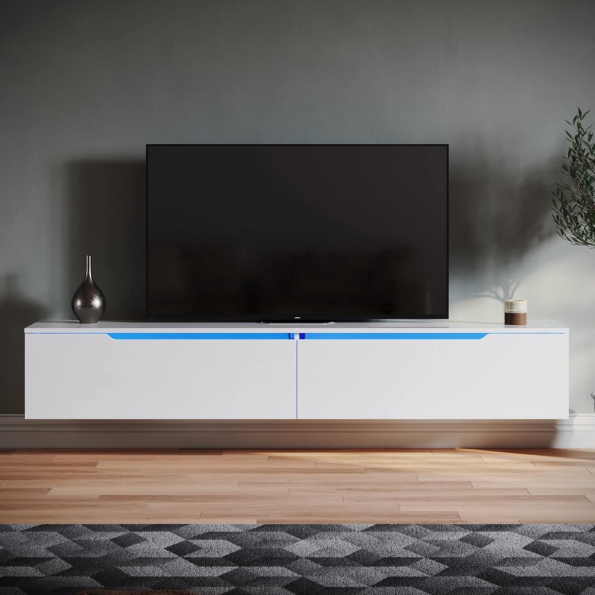 Lowboard TV Meubel - Dressoir Kast - Woonkamer Entertainment - Inclusief LED Verlichting - 180x35x30cm - Hoogglans Wit