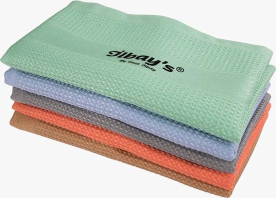 Pile de cinq lingettes microfibre Jilbay's en vert, bleu, gris, rose et beige, avec un motif gaufré.