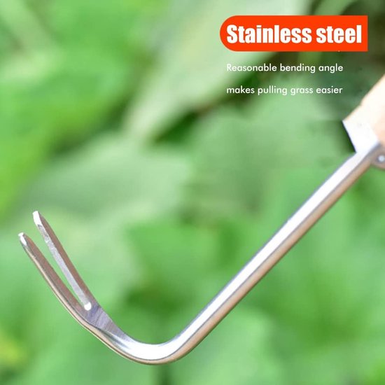 Hand Onkruidsteker - Wortelverwijderaar Tuinhaak - Onkruid Vrij Maken - Ergonomisch Houten Handvat - 26.5 cm Lengte - Natuurlijk Metaal van Merkloos	 — afbeelding 2