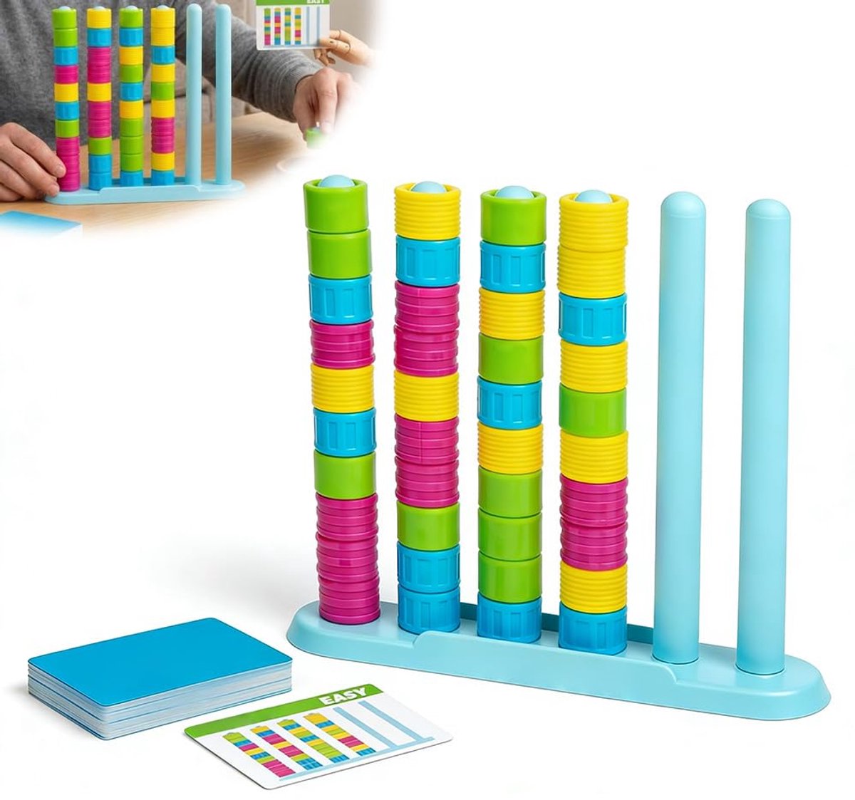 Houten kleurenspel - 48 kleurrijke ringen en kaarten - Uitdagend spel, stapelspel voor onderweg - Snel puzzelspel voor het hele gezin, tieners en volwassenen - Leuk tafelspel