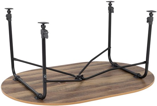 Onderkant van een ovale tafel met bruin houtnerfprint blad en zwart metalen onderstel, poten rechtop.