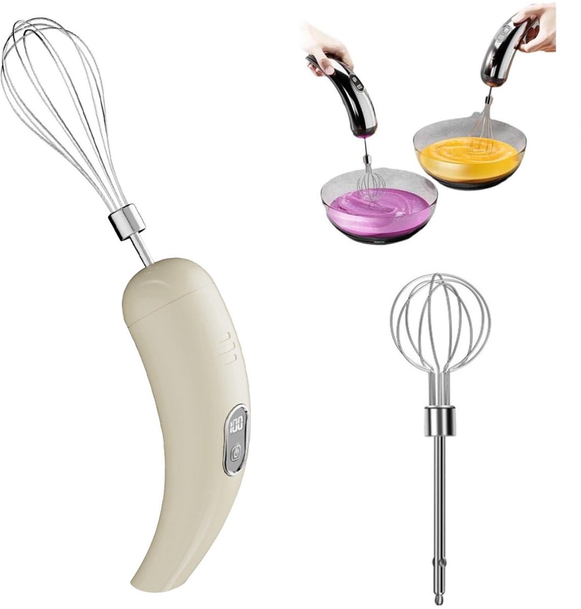 Draadloos oplaadbare handmixer draagbare elektrische garde (met 5 snelheidsstanden) krachtige mixer Geschikt voor het bakken van taarten crèmes en desserts een geweldig hulpmiddel Geschikt voor thuiskoken en doe-het-zelfkeukens (beige)