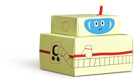 Lichtgele geschenkdoos in de vorm van een robot.