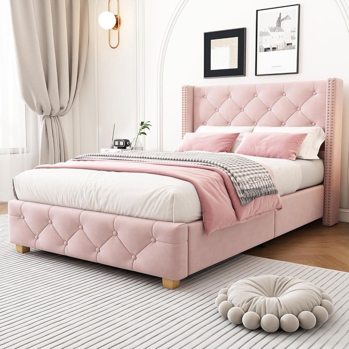 Bed met lattenbodem - Boxspring gevoel - Slaapkamer comfort - Gepolsterd hoofdbord - 90 x 200 cm - Roze fluweel