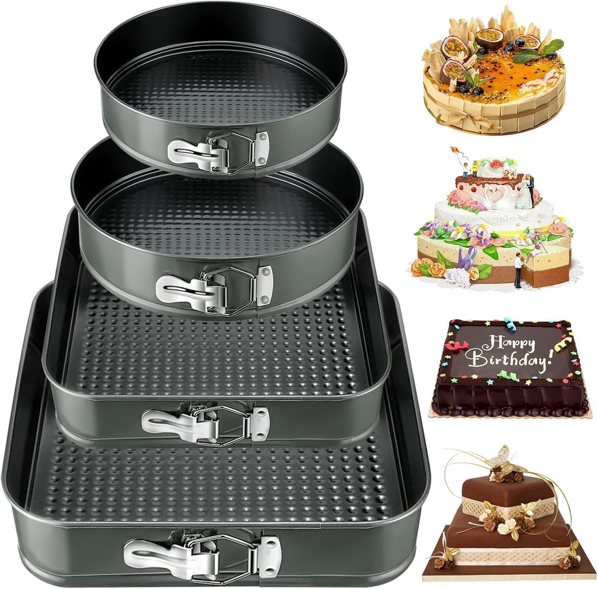 Bakvorm Set - Rond en Vierkant - Taarten Bakken - Verwijderbare Bodem - 16 20 22 26cm - Grijs