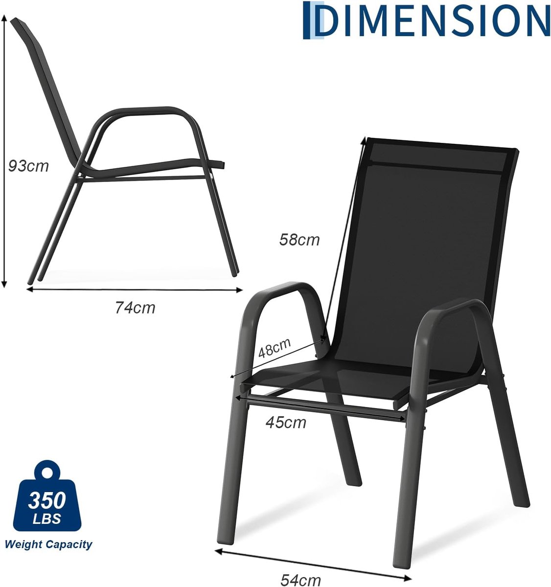 Tuinstoelen Set van 4 - Stapelbaar - Textileen & Metaal - Weerbestendig en Roestvrij - Luxe Buitenstoelen voor Tuin, Balkon & Terras - Zwart – foto 8