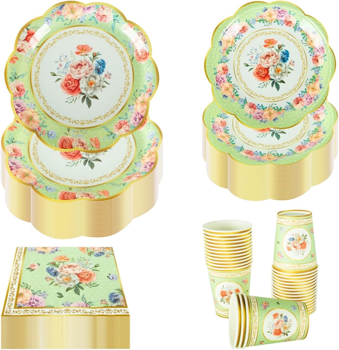 Servies Set - Feestartikelen - Themafeest - Voor 30 gasten - 120 delig - Groen bloemen