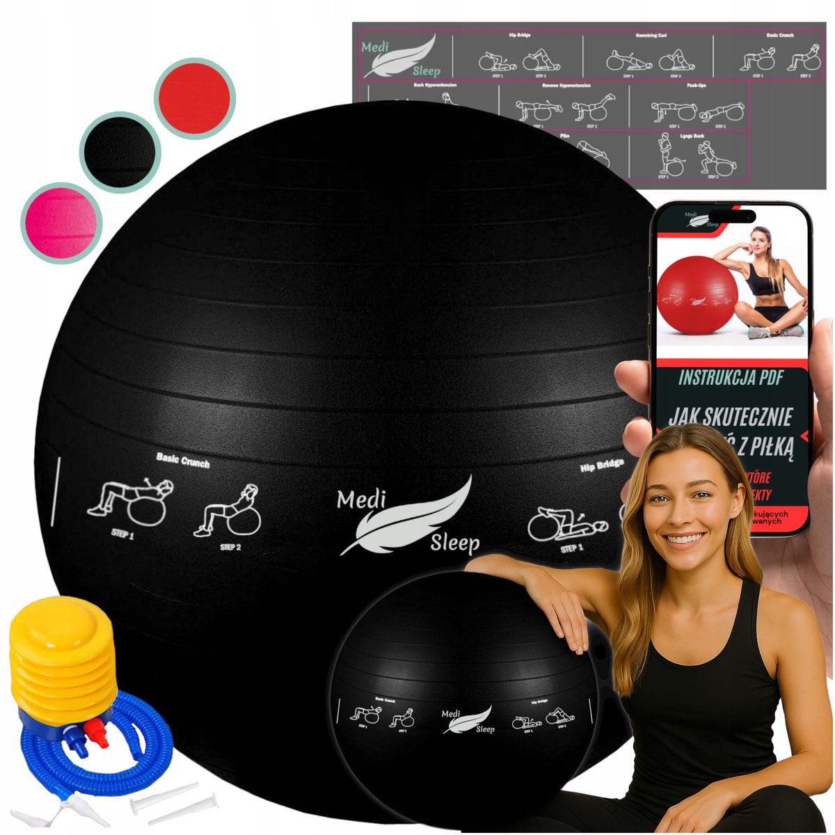 Medi Sleep - Gymnastiekbal - 65cm - Zwart - Incl. Pomp