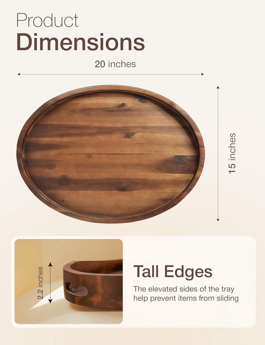 Ovale Houten Dienblad - Serveerschaal Met Handvatten - Ontbijt Op Bed - Extra Groot Forma - 50x35 Cm - Walnoot — cadeau in Cadeau-ideeën - foto 4