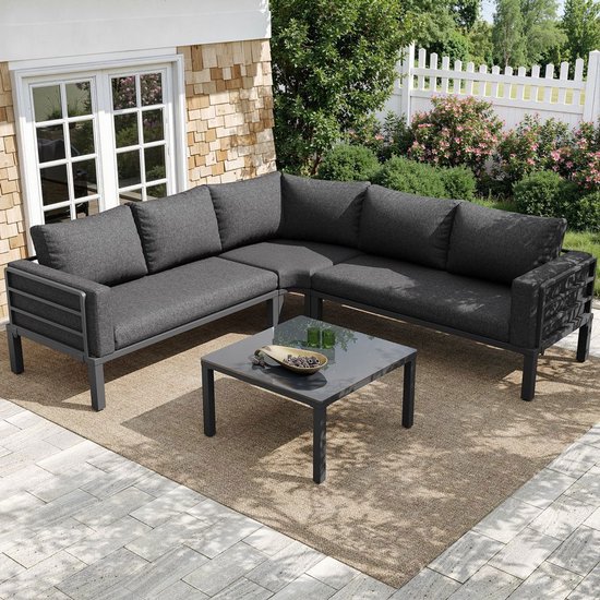 BLACKCOLORS Set de meubles de jardin (4-5 places assises), 1 table basse en verre trempé, cadre en fer galvanisé, meubles de jardin confortables, coussins d'assise et coussins gris, avec pieds réglables Set de meubles de jardin