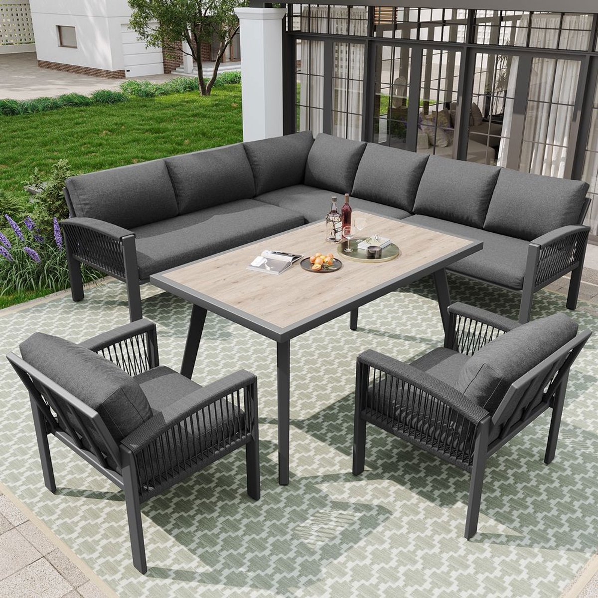 BLACKCOLORS Tuinset, meubelset voor 8 personen, touwstructuur, grote tafel met houtnerf, met gegalvaniseerd ijzeren frame, verstelbare poten, inclusief alle zit- en rugkussens, grijs