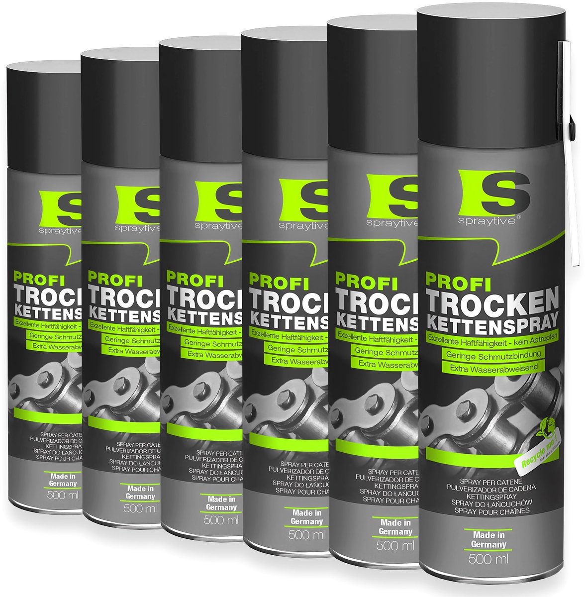 Spraytive 6x 500ml kettingspray droog met ptfe smeermiddel voor fiets motor en machines beschermt tegen slijtage vuil en roest