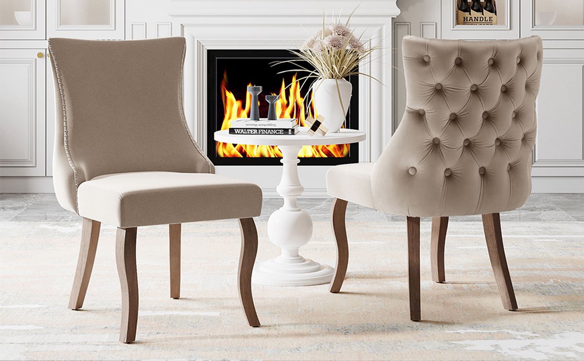 REDOM - Eetkamerstoelen - Knopenrug En Siernagels - Klassiek - Fluwelen Bekleding - Beige - Set Van 2