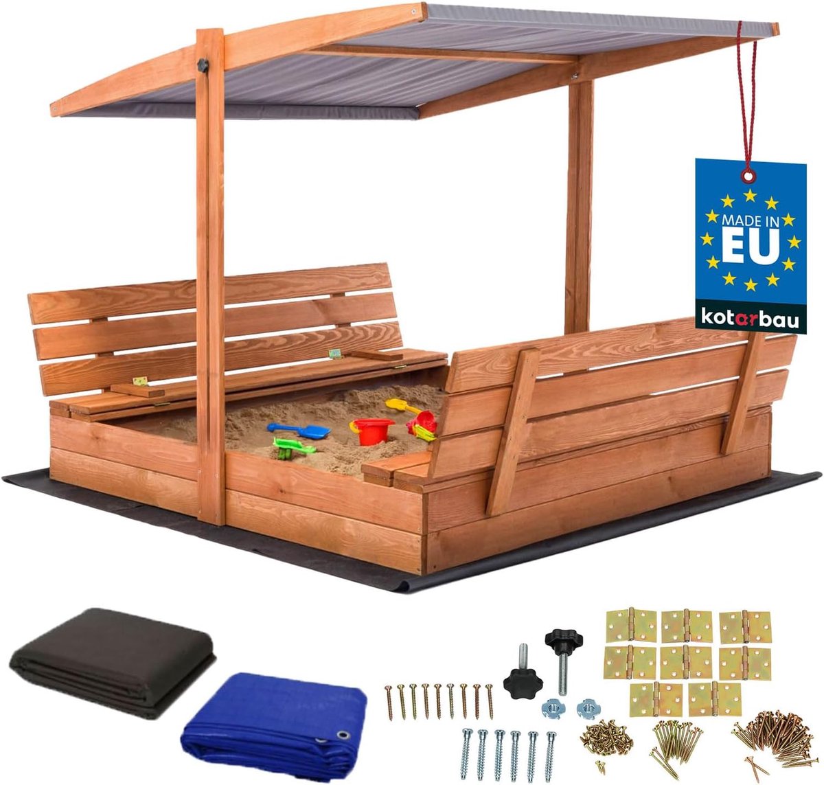Houten Zandbak - Speelbak Buiten - Kinderen Spelen - Met Zitjes en Dak - 140x140 cm - Bruin Grijs