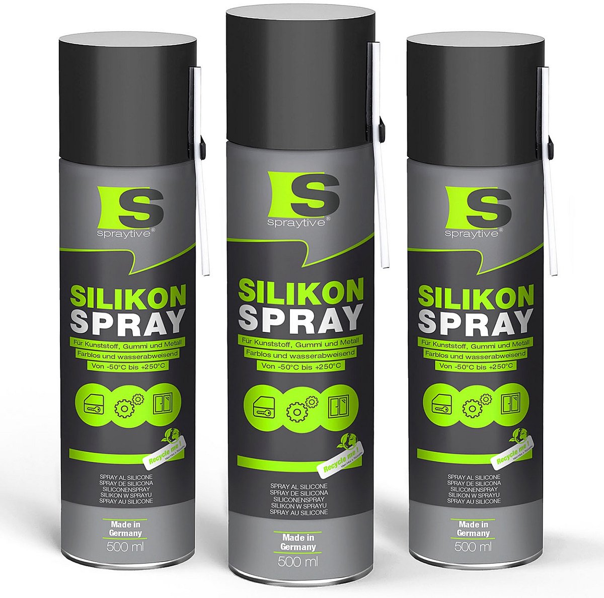 Spraytive 3x 500ml siliconenspray smeermiddel glijspray voor rubber kunststof en metaal waterafstotend beschermt en vermindert piepen