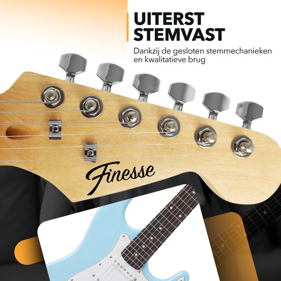 Close-up van de kop van een lichtblauwe Finesse elektrische gitaar met stemmechanieken. "UITERST STEMVAST"