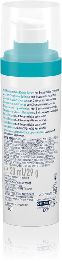 Achterkant van CeraVe Resurfacing Retinol Serum met ingrediëntenlijst en gebruiksaanwijzing.