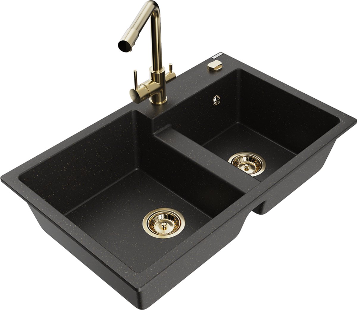 Mexen Tomas granieten spoelbak met 2 koen en keukenkraan Duero, zwart/goud metallic - 6516