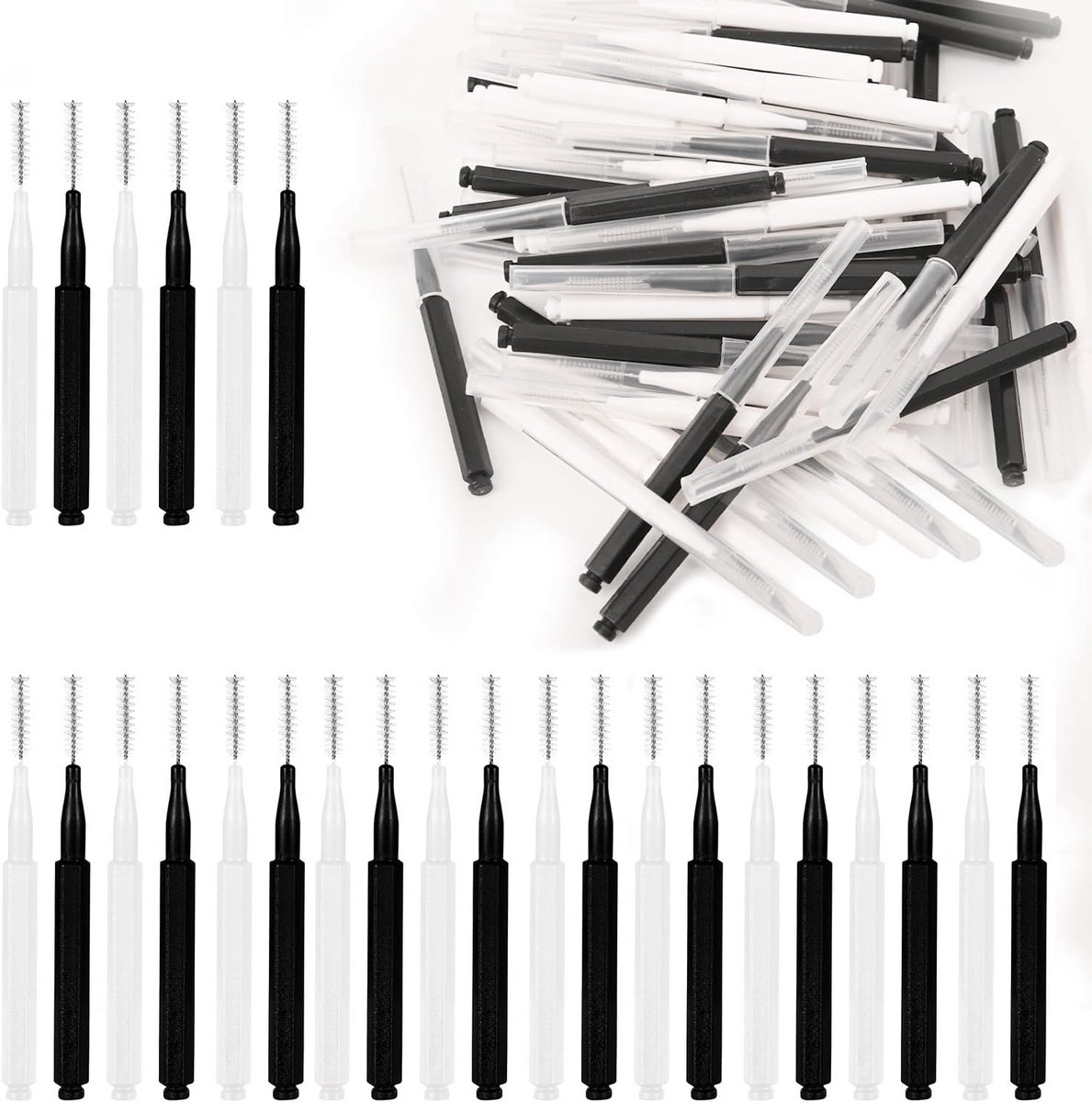 60 Micro Wenkbrauwborstels met Kap - Mini Spooley voor Wimpers & Wenkbrauwen, Zwart & Wit