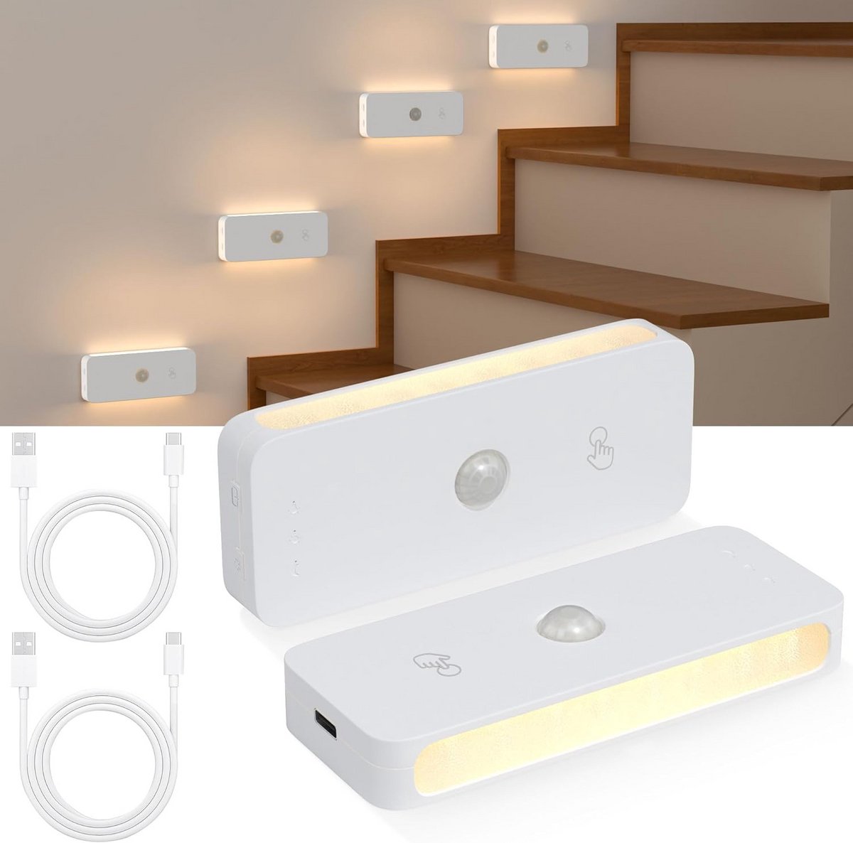2x Draadloos LED Nachtlampje met Bewegingssensor - Oplaadbaar USB & 3 Kleuren