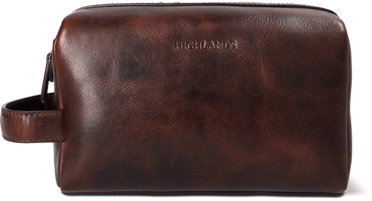 Highlands Leather Torrin Toilettas – Premium Leren Wash Bag – Handgemaakt & Duurzaam – Compact, Gestructureerd & Waterbestendig – 22x13x11,5 cm – Donkerbruin