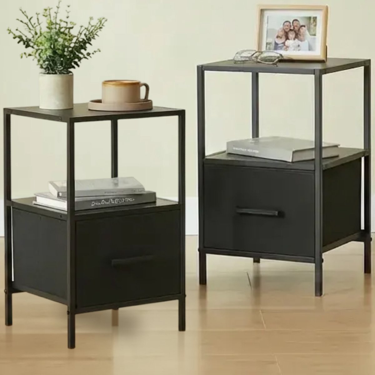 CASABEL Set van 2 zwarte nachtkastjes met lade, gemaakt van verstevigde stof, metaal en MDF, 30×30×50 cm, nachtkastjes