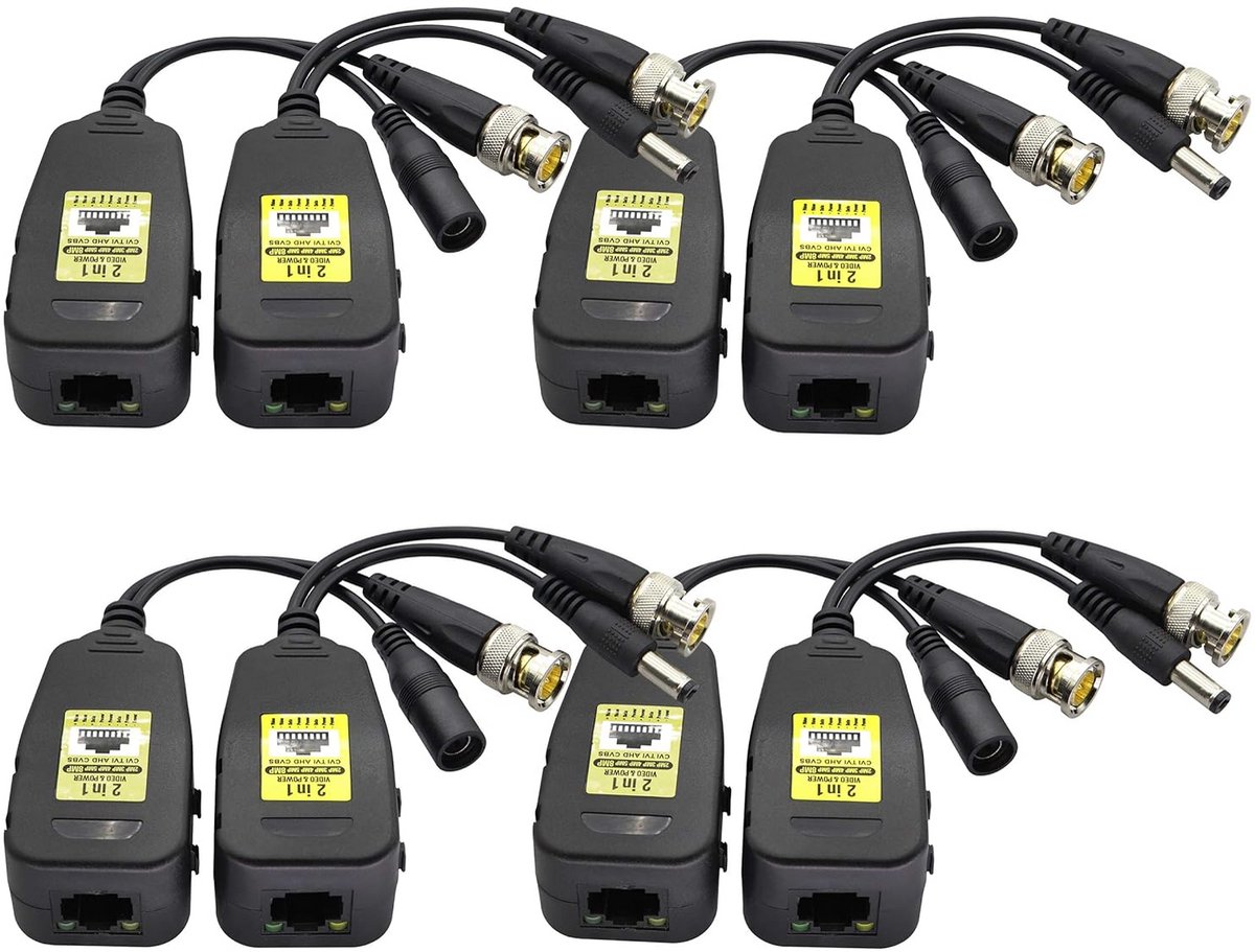 Set van 4 Video Baluns voor HD-CVI/TVI/AHD/CVBS Camera's met Stroom en BNC naar Cat5 RJ45