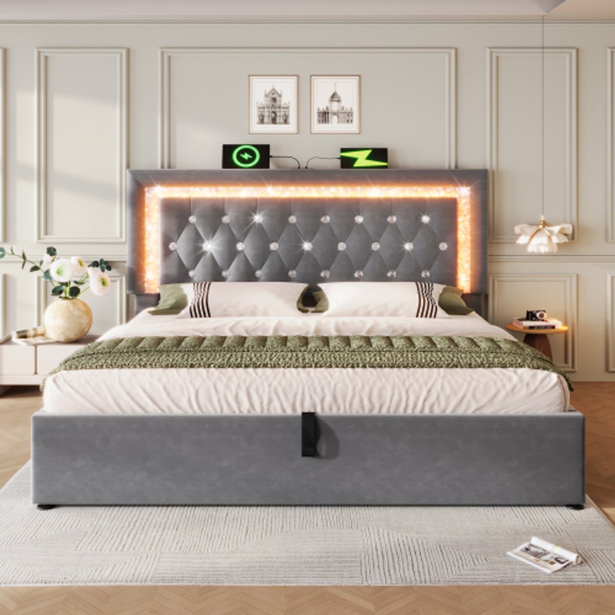 180x200 cm tweepersoonsbed - met LED-verlichting - voorzien van USB- en Type-C-oplaadstation - opbergruimte - grijs - zonder matras