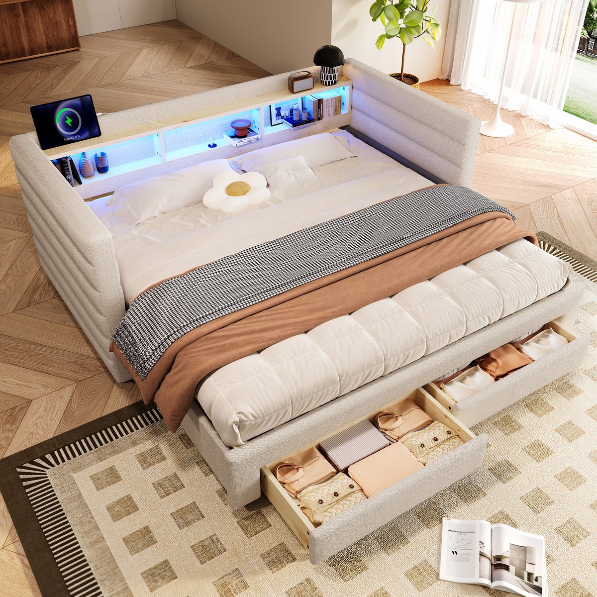 MODFU Bedframe 90x190 cm – fluweel beige – met uitschuifbed, LED, USB/Type-C en 2 lades – multifunctioneel daybed